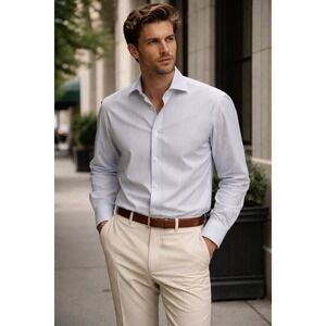 Canali Italy Mens Dress Shirt 17 43 100% Cotton Blue White Stripe